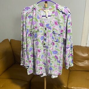 Matilda Jane Women’s Floral Popover 3/4 sleevesBlouse w/pockets & Ruffles size M